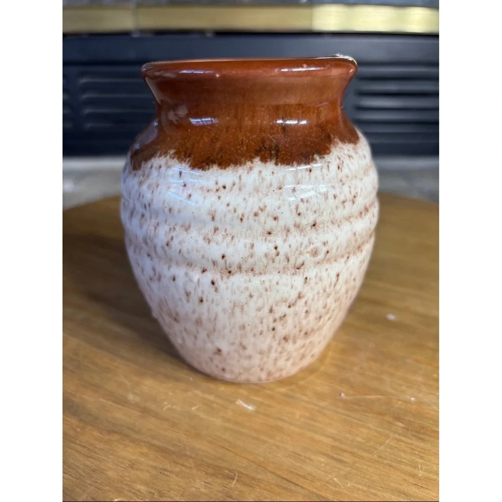 Vintage Handcrafted Speckled Ceramic Vase‎ Cream & Brown Rustic MCM 4.75